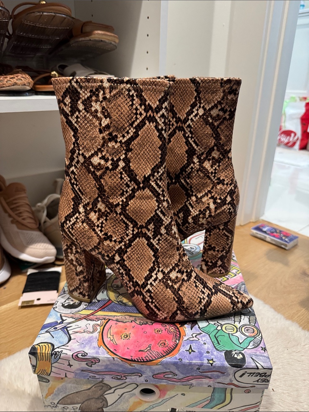 Jeffrey Campbell Tan & Black Snake-Print Heel Boots